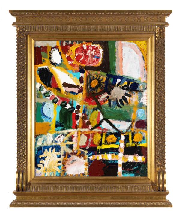 James Drinkwater Lunch with the director, Ristorante Rivafiorita, 2025 Oil on linen with Venetian school frame 86 x 71cm