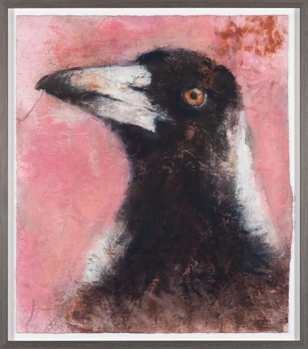 Jody Graham Getting Pinked - Magpie, 2021 Charcoal from 2019/2020 Black Summer bushfires fires, basalt soil, tree sap, ink, acrylic paint and hand stitching on paper Paper Size 113 x 98cm
