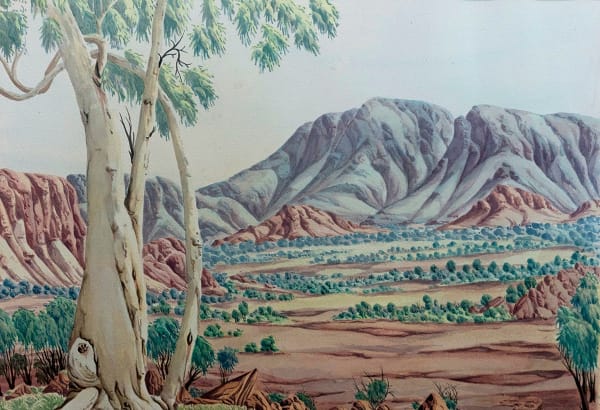 Kumantji (Hubert) Pareroultja Gum Tree and Mount Zeil (CAT: 28-23) , 2023 Watercolour on paper 102.5 x 131.5 cm framed