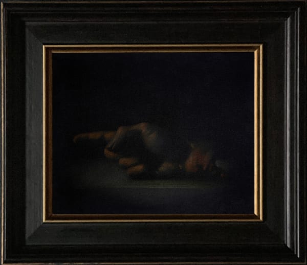 Leslie Rice I'm with Stupid (The aRTIST's Hand) , 2021 Acrylic on velvet 20 x 25cm painting size; 32 x 37.5cm Framed