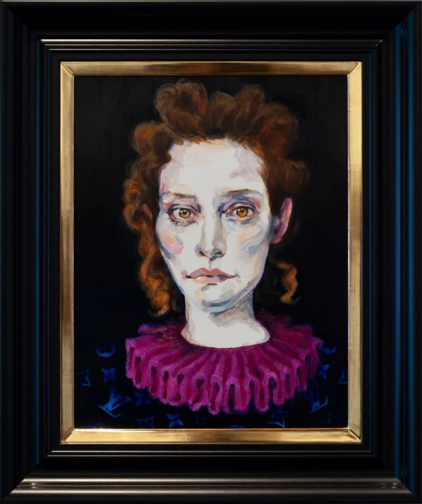 Dee Smart Tanya 2019 Oil on board, screenprint, water gilded frame 60x55cm framed
