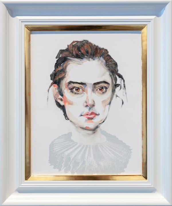 Dee Smart Megan, 2019 Oil on board, screenprint, water gilded frame 60 x 55cm framed