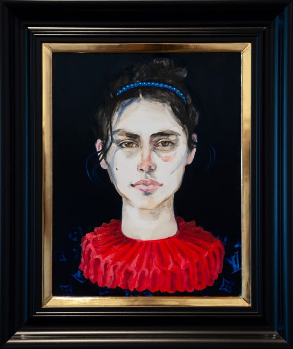 Dee Smart Nakisha 2019 Oil on board, screenprint, water gilded frame 60 x 55cm (f)