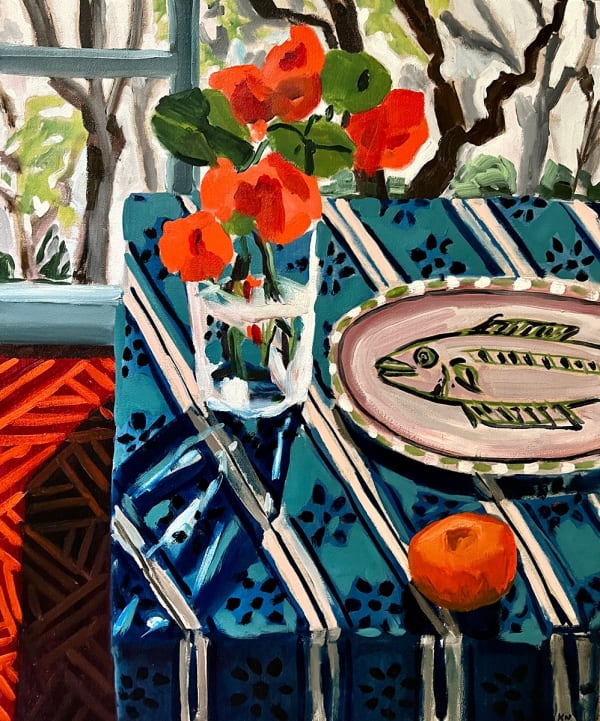 Kate Nielsen Nasturtiums with Studio View , 2022 Oil on Linen, framed 63.5 x 53.5cm