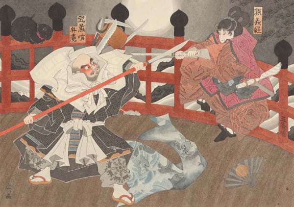Yoshio Honjo Battle of Gojo bridge, 2020 Handmade Kozo paper, Sumi ink, Suihi-enogu (water dried pigment) Paper size: 70 x 97cm Framed size: 94 x 121.5cm