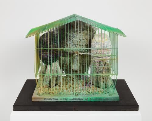 Tetsumi Kudo Meditation in the Endlesstape of Future Past, cage peinte, plastique, polyester, résine, ficelle 33 x 19 x 27 cm 13 x 7 1/2 x 10 5/8 inches