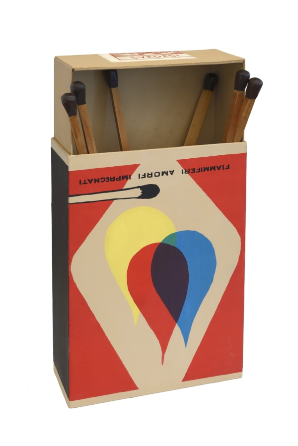 Raymond Hains Saffa, Omaggio a Mondrian e a de Chirico Boîte en carton et six allumettes en bois et résine 105 x 50 x 19 cm 41.34 x 19.69 x 7.48 in.