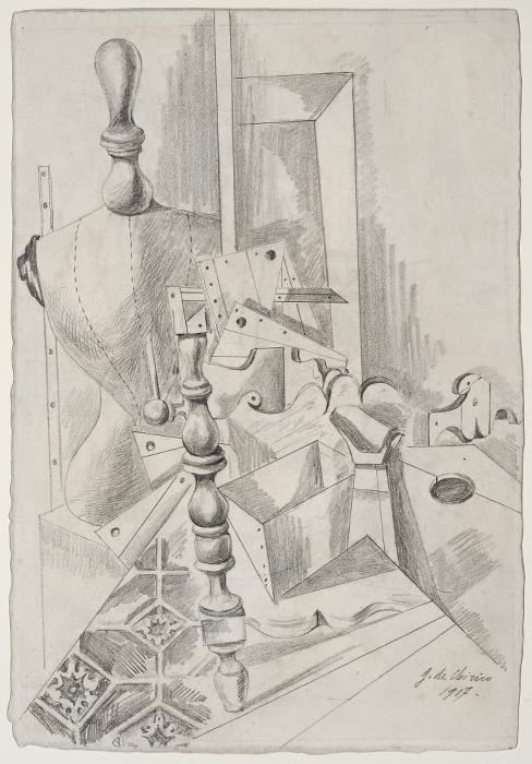 Giorgio De Chirico Recto : Intérieur métaphysique (Interno Metafisico) dessin à la mine de plomb sur papier 32 x 22 cm (archives)