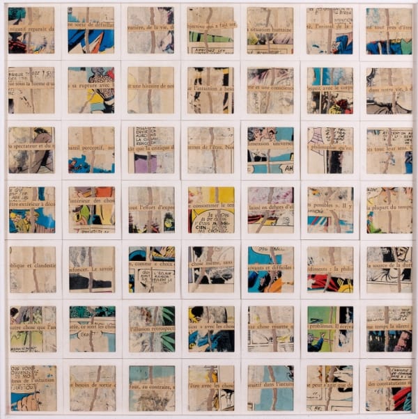 Gil Joseph Wolman Négatif réapparaît da assemblage de papiers séparés en deux, textes imprimés et cartons de diapositives sur film plastique transparent 35 x 35 cm (disponible) 35 x 35 cm (available)