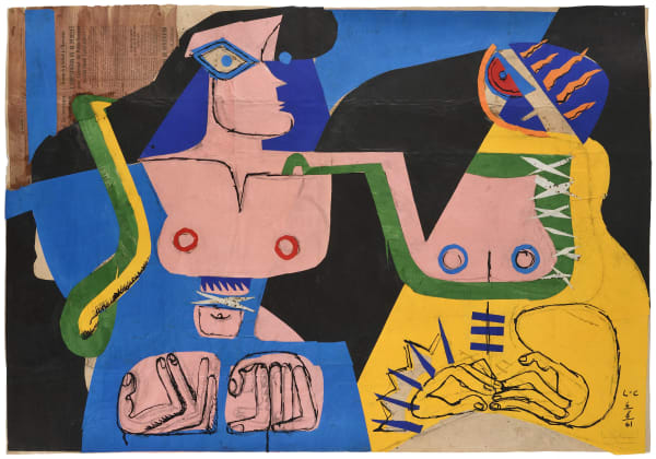 Charles-Edouard Le Corbusier Deux femmes fantasques collage de papiers colorés et de papier de journal gouaché, encre de Chine et trace de fusain sur papier 69 x 99 cm