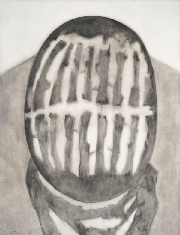 pierre dmitrienko, présence grise, 1972 huile sur toile, 115,5 x 21,2 cm