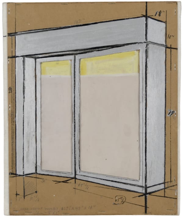 Christo Store Front (Project) 105" x 99" x 18" IN Collage et dessin rehaussé : Acrylique, graphite, vernis, pastel, métal, plastique et tissu sur carton agrafé sur masonite 45,8 x 39,8 x 5,1 cm (archives) 45,8 x 39,8 x 5,1 cm (archives)