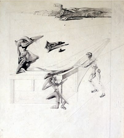 Salvador Dalí L'Enfant sauterelle Dessin à l'encre sur papier et crayon noir 37,5 x 34 cm 15 x 13 in.