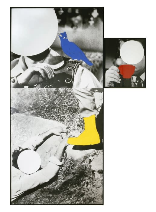 John Baldessari Person with bird on shoulder/person and boot (Person with cup observing) photographies en noir et blanc, huile et vinyle 190 x 135 cm