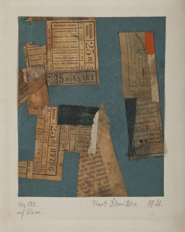 Kurt Schwitters Mz 177. auf blau. gouache et collage de papier sur papier 15 x 12,2 cm - 32,2 x 23,3 cm avec le passe-partout (archives) 16 1/2 by 13 3/8 by 3 7/8 in. (archives)