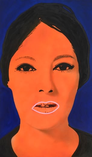 Elaine Sturtevant Raysse, peinture à haute tension peinture à l'aérographe sur toile, flocage, néon, chassis en bois 161,5 x 96,5 cm