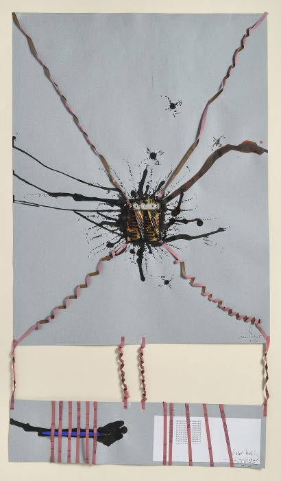 Bernard Heidsieck Canal Street n° 20, 1974 écritures, circuits intégrés, objets, amorces et bandes magnétiques sur papier writing, integrated circuits, objects, primers and magnetic tape on paper 80 x 50 cm 31,5 x 19,7 in