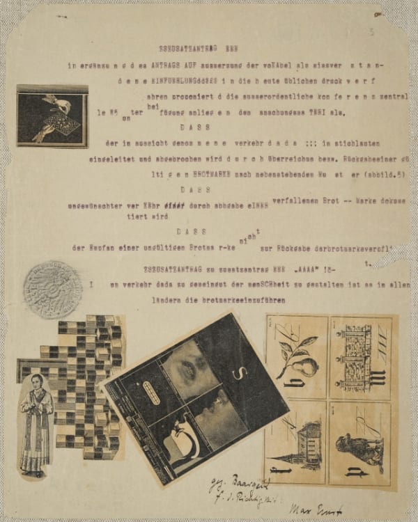 Max Ernst Typoskript-Manifest / FaTaGaGa collage, papier imprimé, frottage, tapuscrit et encre sur papier 28 x 22,5 cm (archives)