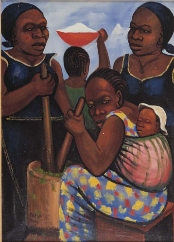 moké, les plieuses de manioc, 1981 peinture sur sac de farine sur chassis, 70,5 x 97,5 cm