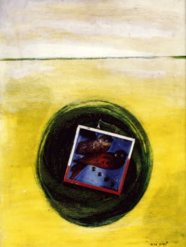 Max Ernst Deux hirondelles traversant l'océan dans une valise huile et assemblage sur carton, bois et fils métalliques 44,5 x 35 cm 17 1/2 by 13 3/4 in.