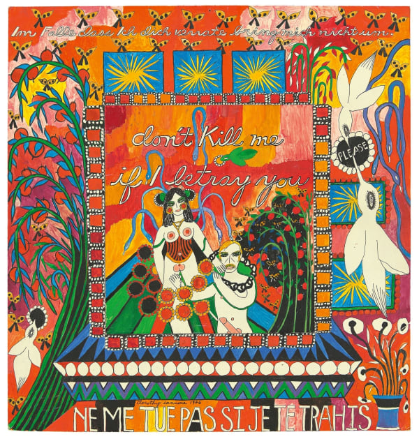 Dorothy Iannone Don't kill me if I betray you, 1976 gouache et feutre noir sur feuille de carton monté sur bois 43,1 x 40,8 cm