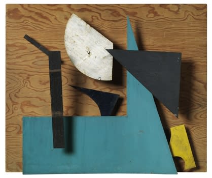Jean Tinguely Sprit - Bleu, ocre et vert 7 éléments en métal peint sur panneau de bois, moteur, courroies 58 x 70 cm (support en bois) (disponible) 58 x 70 cm
