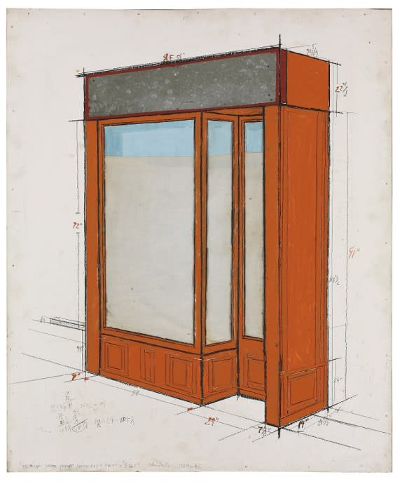 Christo Orange Storefront Project aluminium, tissu, carton peint, crayons et fusain sur masonite 73,6 x 60,9 cm (archives)
