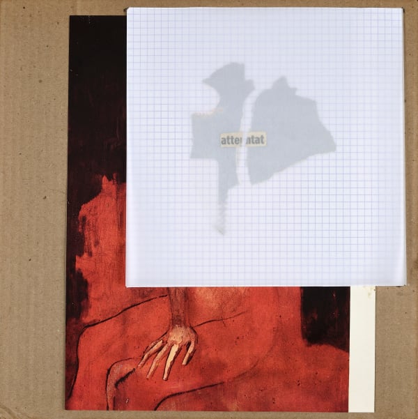 Gil Joseph Wolman attentat, 1987 collage: Canson, page de magazine, papier calque, journal 30 x 30 cm