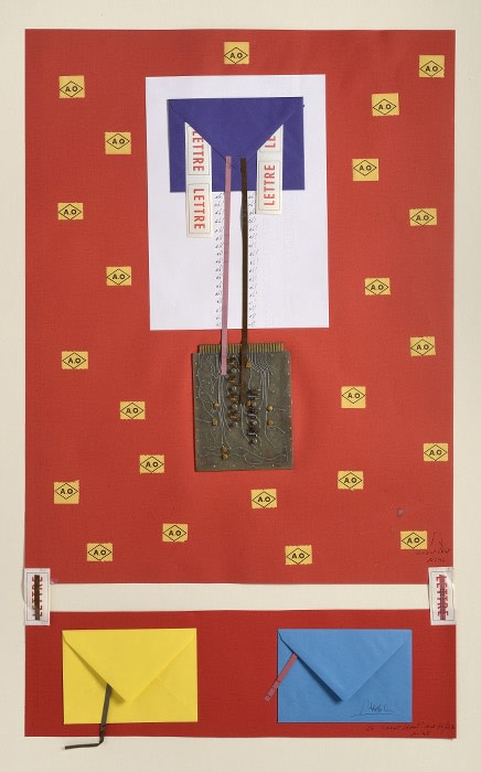 Bernard Heidsieck Canal Street n° 46 écritures, circuits intégrés, objets, amorces et bandes magnétiques sur papier 82 x 50 cm (disponible) 7 7/8 by 5 1/2 in. (available)