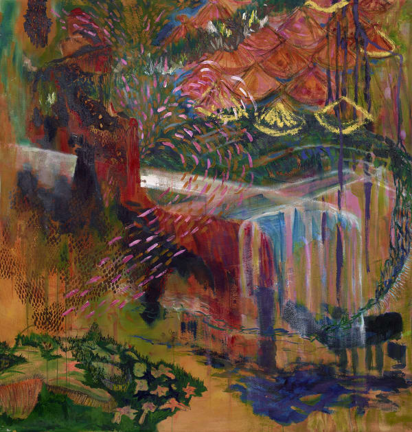 Erin Treacy Protective Waters, 2018 Oil, acrylic paint, pencil, Conte, marker and ink on canvas 54 x 54 in. 137.2 x 137.2 cm.