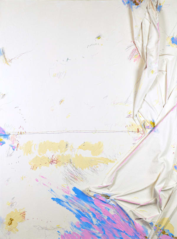 Ty Clark It’s 7:35am in LA. Only Two Hours of Ocean Left., 2021-2022 Acrylic, graphite, pastel pencil, thread and canvas on canvas 48 x 36 x 2 in. 121.9 x 91.4 x 5.1 cm.