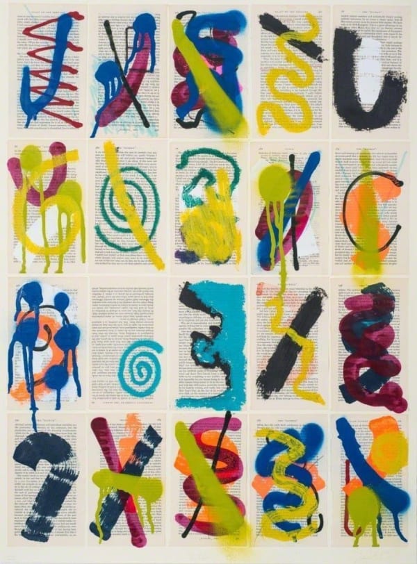 Jacob Ouillette Either VIII, 2016 Pencil, pen, charcoal, marker, acrylic paint, spray paint, oil stick and watercolor on book pages on paper 30 1/8 x 22 1/4 in. 32 1/8 x 24 1/4 in. Framed