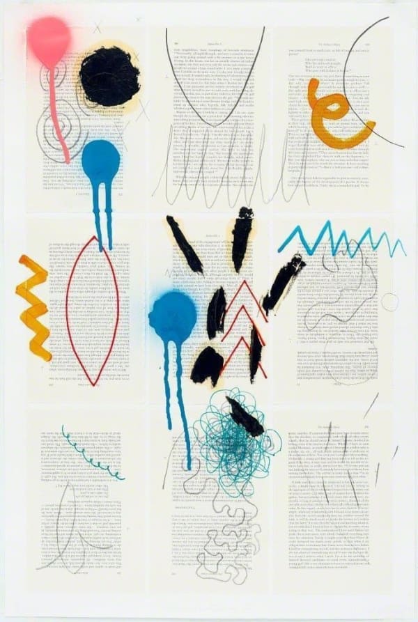 Jacob Ouillette Seducers Diary 2 V, 2017 Pencil, pen, permanent marker, acrylic, spray paint and oil stick on book pages on paper 28 x 18 3/4 in. 30 x 20 in. Framed