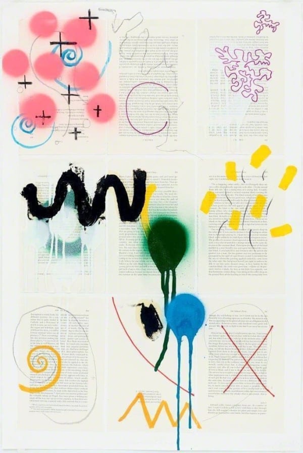 Jacob Ouillette Seducers Diary 2 I, 2017 Pencil, pen, permanent marker, watercolor, charcoal, acrylic, spray paint and oil stick on book pages on paper 28 x 18 3/4 in. 30 x 20 in. Framed