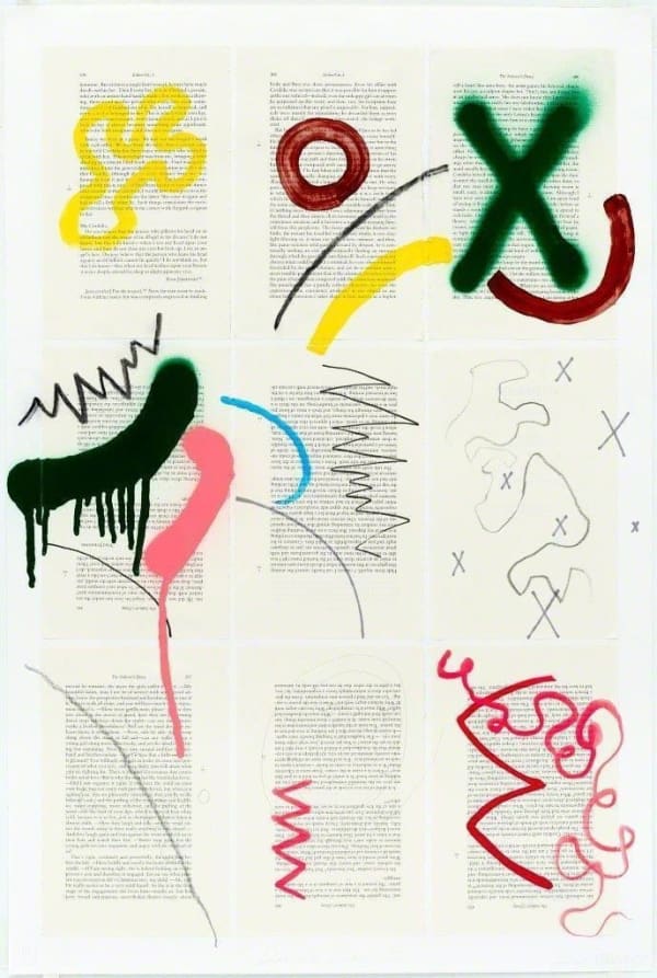 Jacob Ouillette Seducers Diary 2 III, 2017 Pencil, pen, permanent marker, watercolor, charcoal, acrylic and spray paint on book pages on paper 28 x 18 3/4 in. 30 x 20 in. Framed