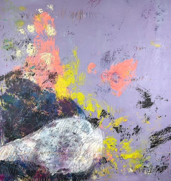 Ty Clark Mid-Winter and Musical Jests Float atop Trees and Light Rain., 2022 Acrylic, conte crayon, pastel pencil on canvas 53 x 50 in. 134.6 x 127 cm.