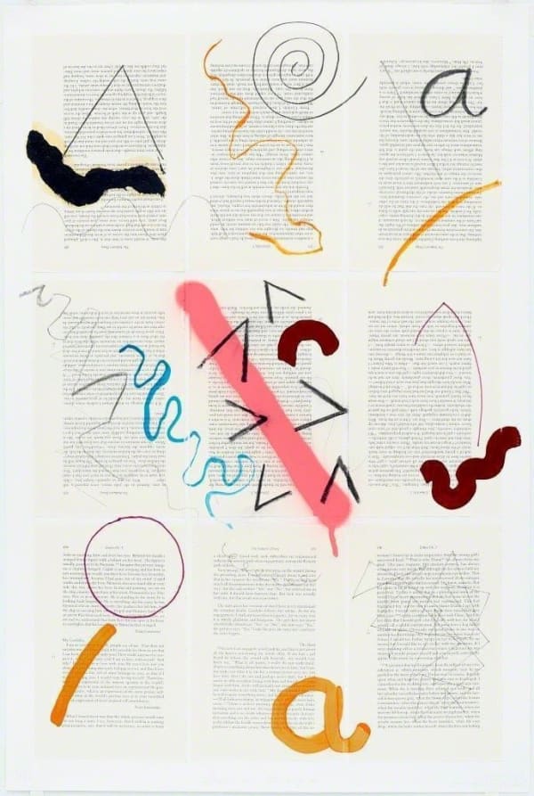 Jacob Ouillette Seducers Diary 2 VII, 2017 Pencil, pen, permanent marker, watercolor, charcoal, acrylic, spray paint and oil stick on book pages on paper 28 x 18 3/4 in. 30 x 20 in. Framed