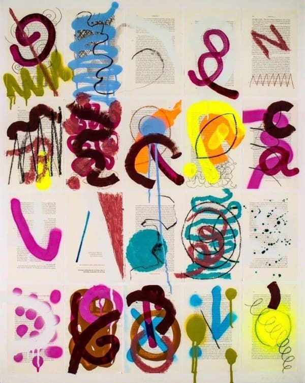 Jacob Ouillette Either 2. VI, 2016 Watercolor, pen, graphite, chalk pastel, acrylic paint, spray paint and oil stick on book pages on paper 36 1/2 x 29 in. 38 1/2 x 31 in. Framed