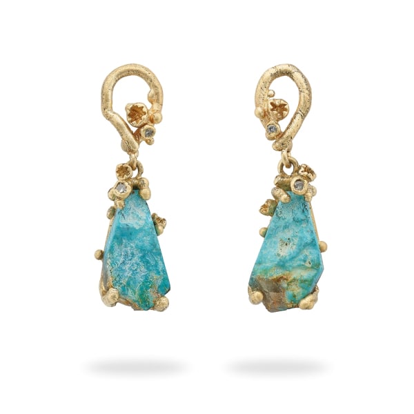 Ruth Tomlinson, Raw Cornish Turquoise and Diamond Encrusted Drop Earrings, 2025