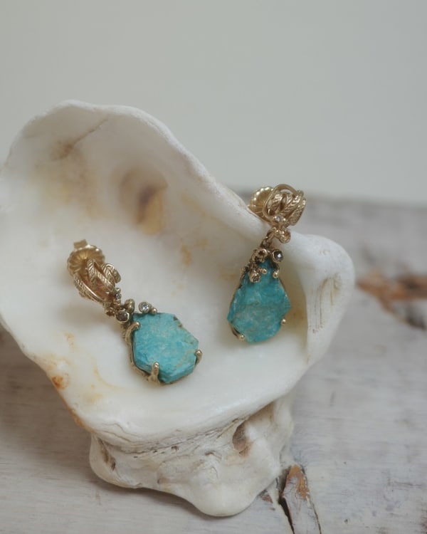 Ruth Tomlinson, Raw Cornish Turquoise and Grey Diamond Drop Earrings, 2025