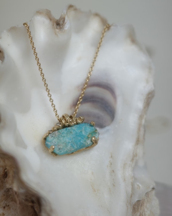 Ruth Tomlinson, Raw Cornish Turquoise and Diamond Necklace with Barnacles, 2025