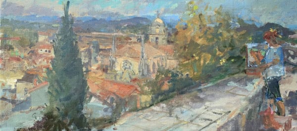 Mary Jackson, Julie Painting Overlooking the Rooftops of Sommiers