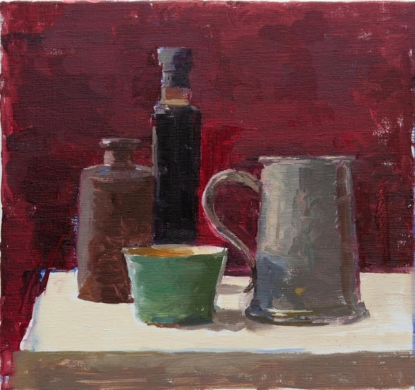 Alex Fowler, Still Life with Pewter Mug and Bottles