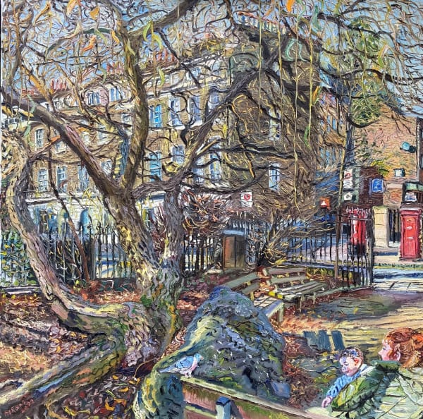 Melissa Scott-Miller, February Sunshine in Colebrook Row, Islington with Young Mother and Baby
