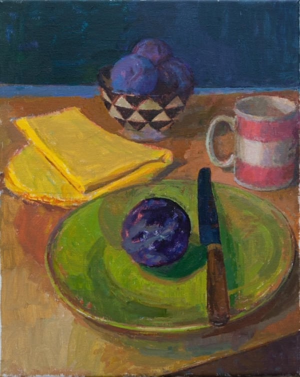 Alex Fowler, Still Life with Plums and Black and White Bowl