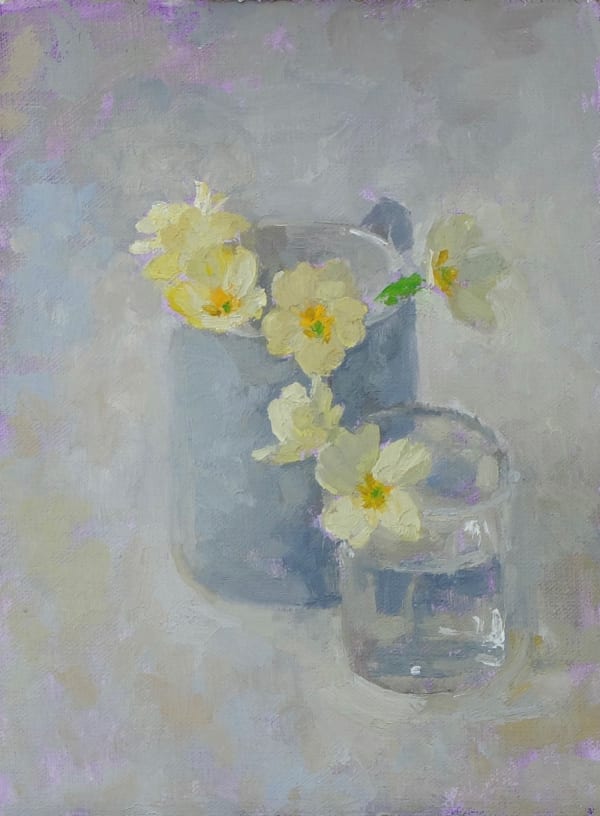 Pamela Kay, Primroses in a Grey Mug