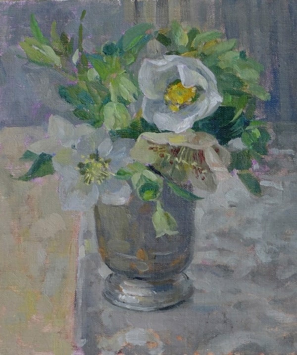 Pamela Kay, Hellebores in the Pewter Mug
