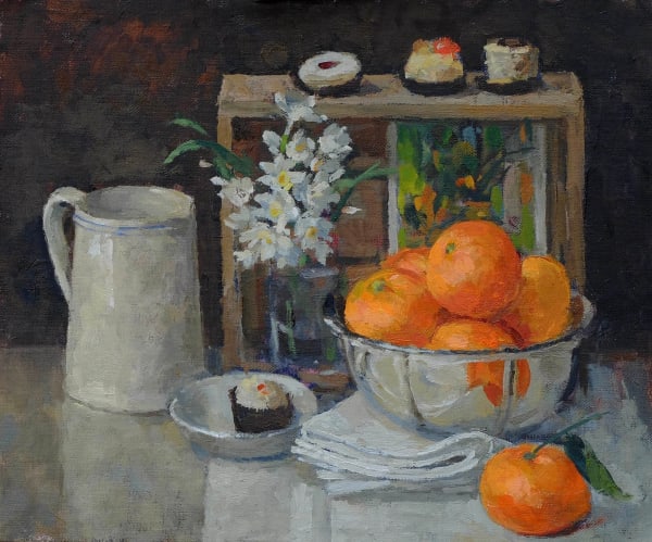 Pamela Kay, Still Life with Clementines in a Silver Dish