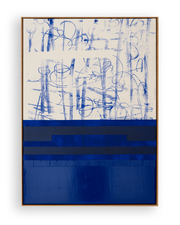 Søren Sejr, Composition Blue. Mixed scribble top, open space left, one block oil stick with open hat, one block gel bottom, 2025