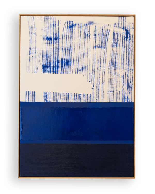 Søren Sejr, Composition Blue. Heavy vertical brushstrokes top, open space left, one block gel, one block oil stick bottom, 2025